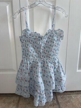 Altar’d State Blue Floral Print Smocked Ruffle Lace Romper Style Dress